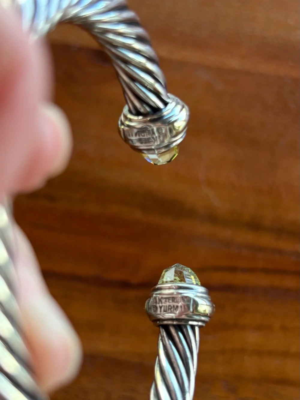 David Yurman Silver Twisted Cable Classics Open Cuff with Green Gemstone Ends
